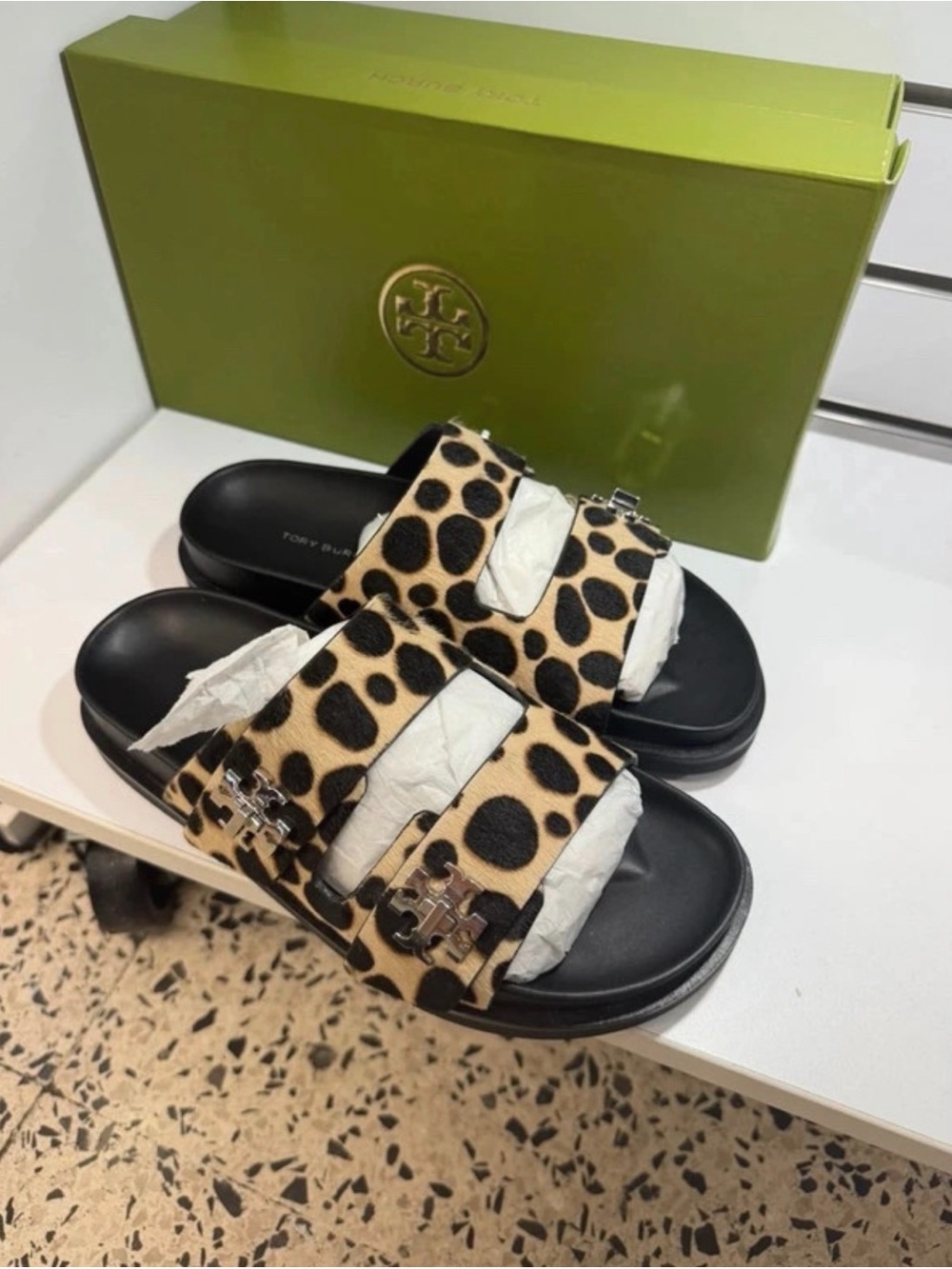 Tory Burch Leopard-Print Double Strap Slide Sandals - Black Footbed